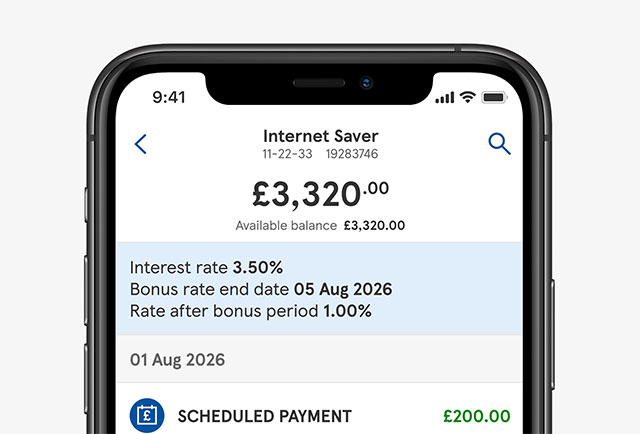 Mobile banking app showing an Internet Saver account with a banner explaining the interest rate, bonus end date and post-bonus rate.