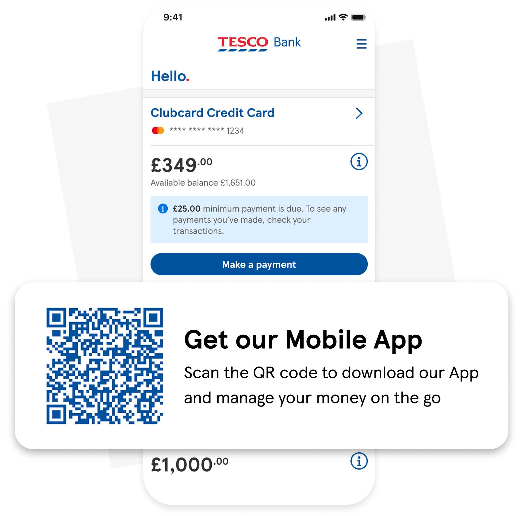 Get the Tesco Bank App. Scan the QR code to download the app and manage your money on the go.