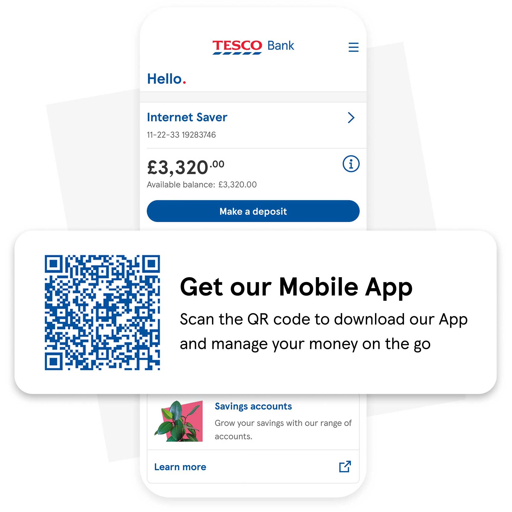 Get the Tesco Bank App. Scan the QR code to download the app and manage your money on the go.